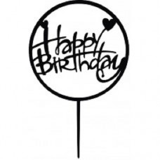 Cake topper Happy Birthday rond hartje zwart